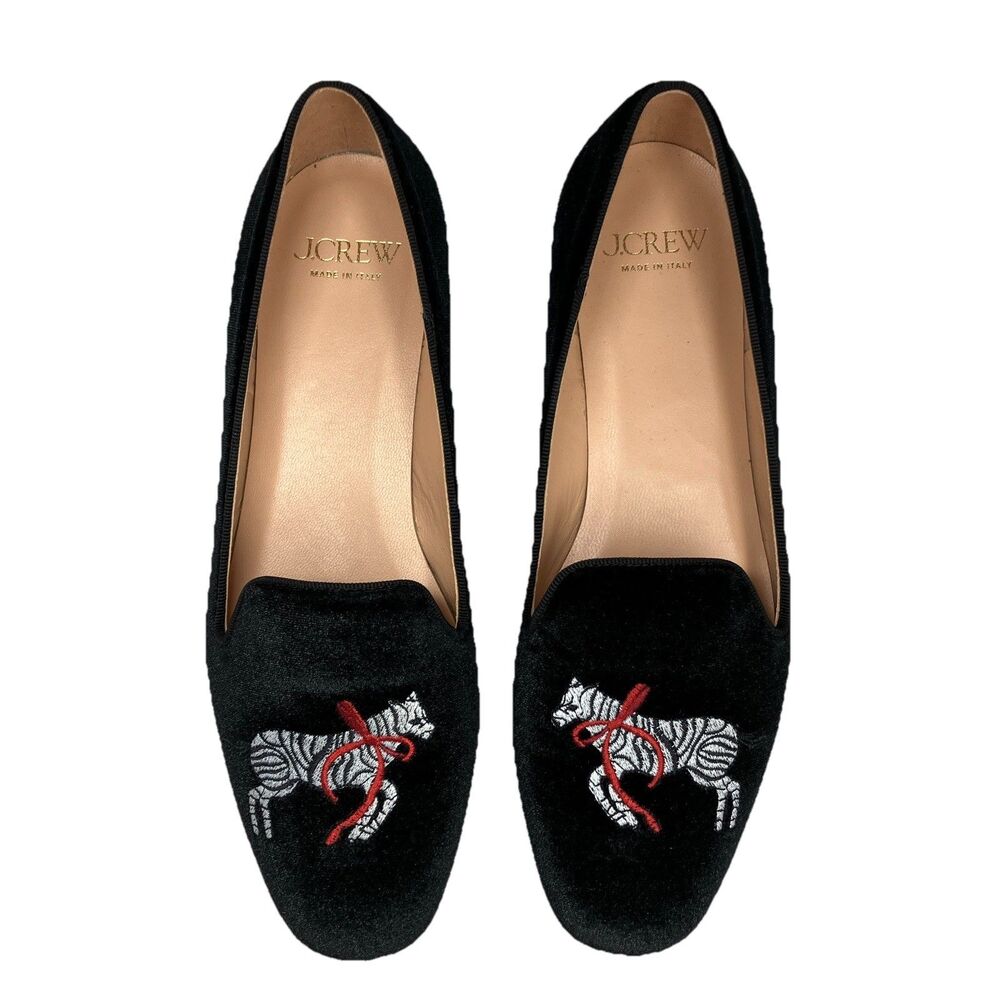 J Crew Velvet Smoking Slippers Womens 8 Black Embroidered Zebra Preppy Luxe